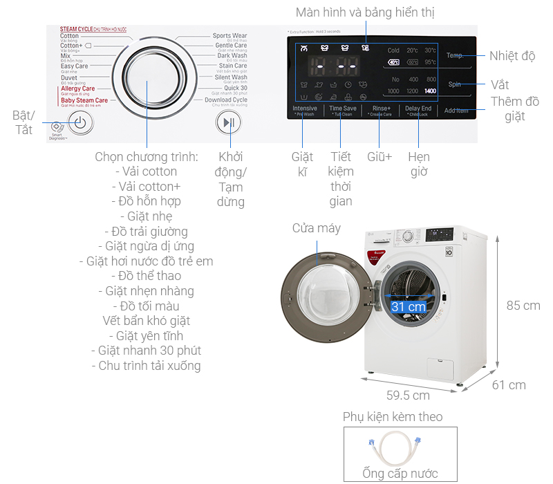 ThÃ´ng sá» ká»¹ thuáº­t MÃ¡y giáº·t LG Inverter 9 kg FC1409S4W